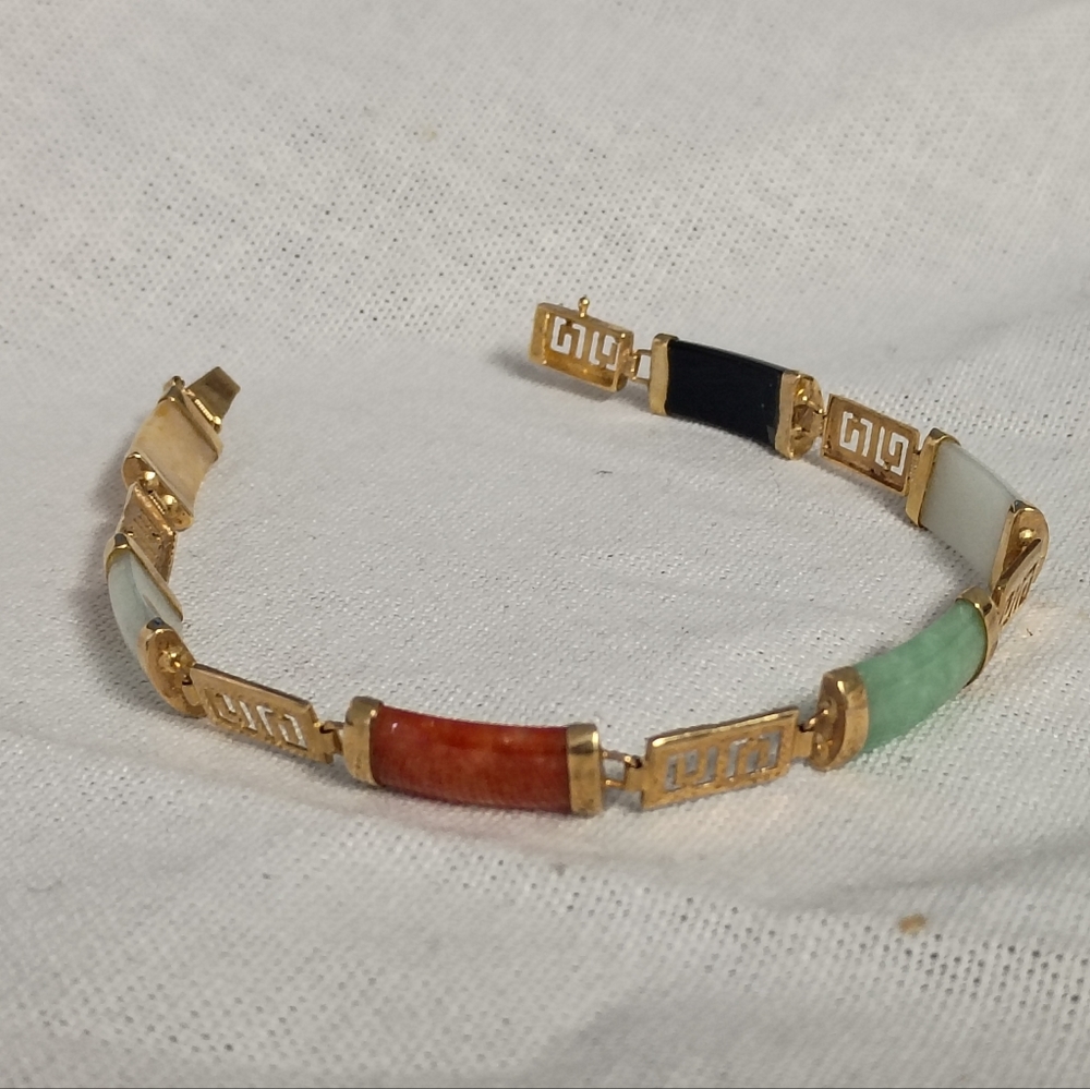 ❤️14k 585 YELLOW MULTI COLOR  JADE JADITE & GREEK KEY GOLD LINKS BRACELET